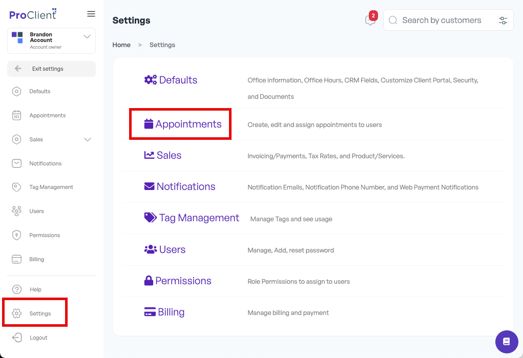 Settings - Appointments