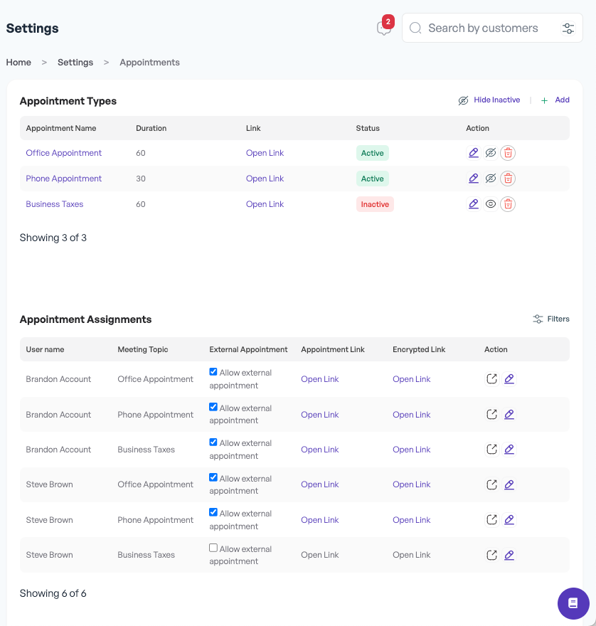 Settings - Appointments