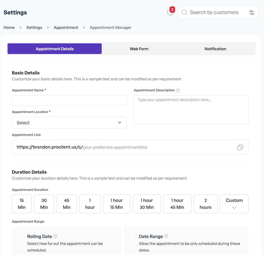 Settings - Appointments