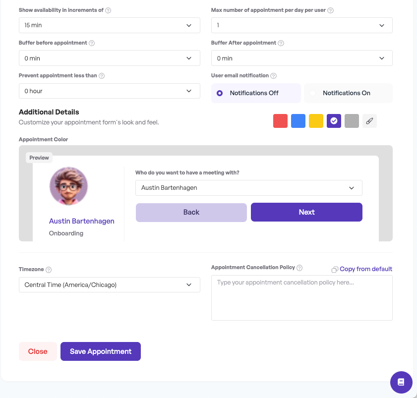 Settings - Appointments