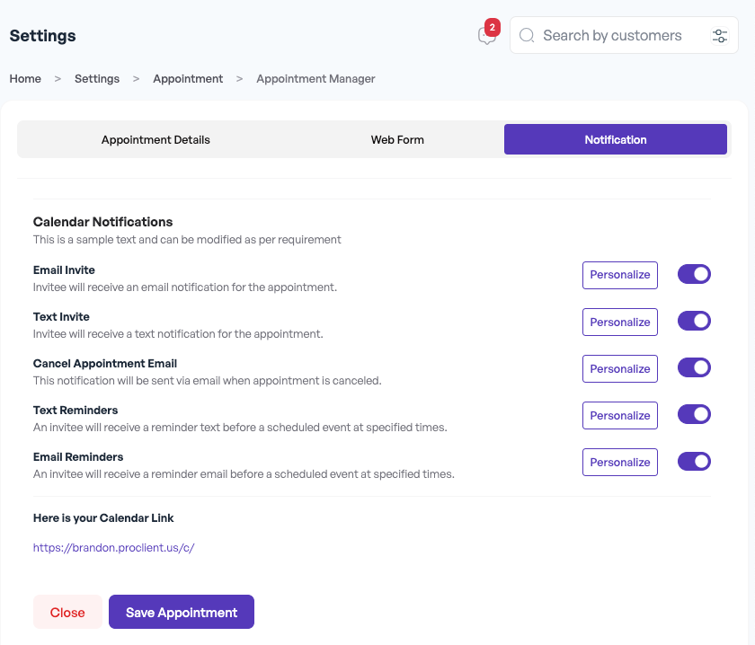 Settings - Appointments