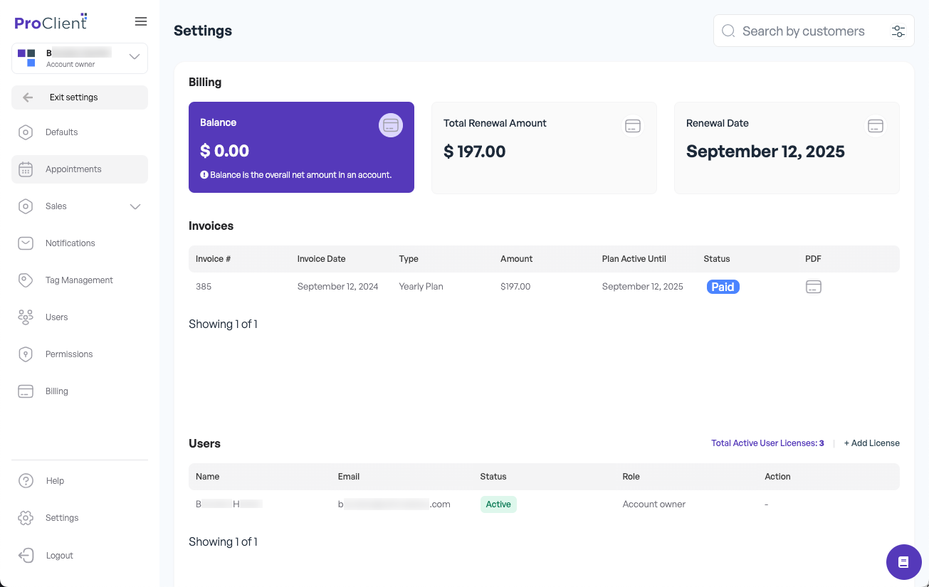 Settings - Billing
