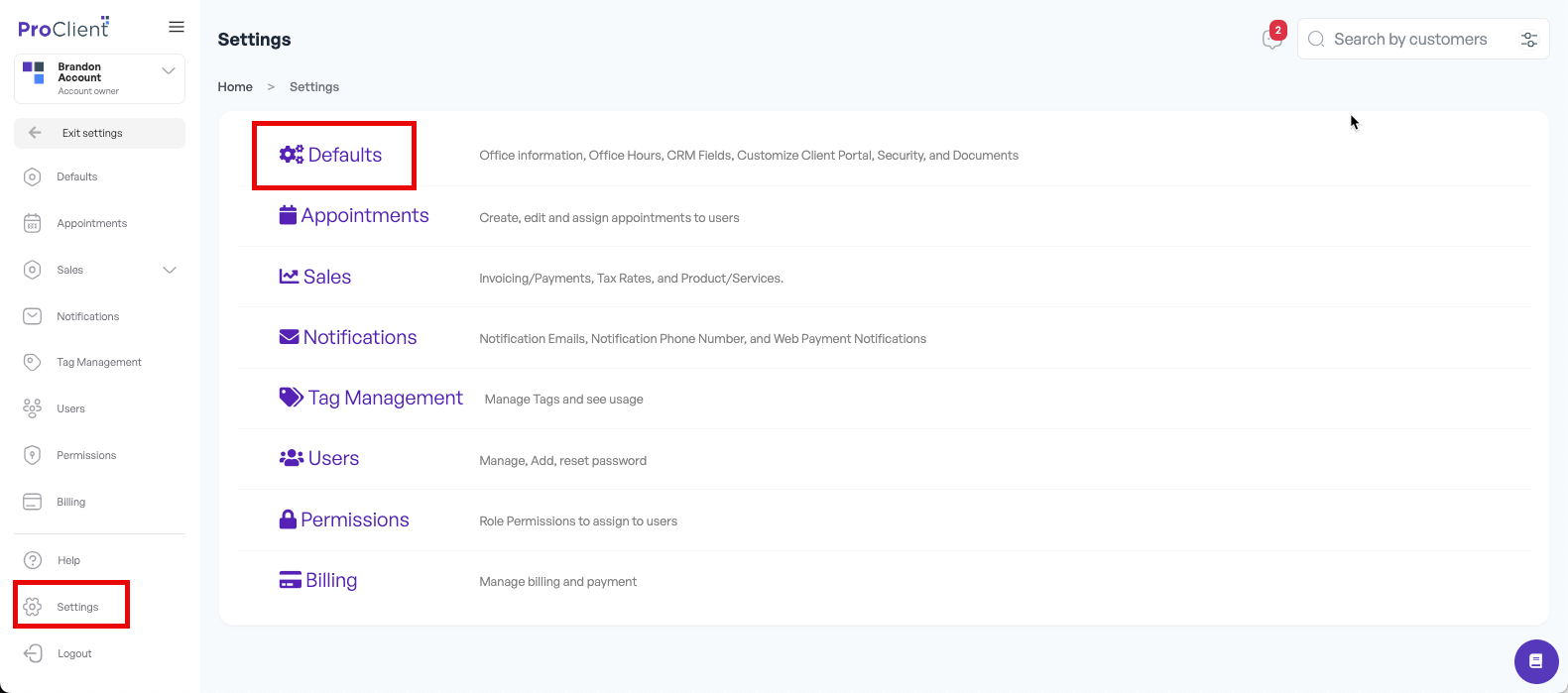 Settings - Defaults