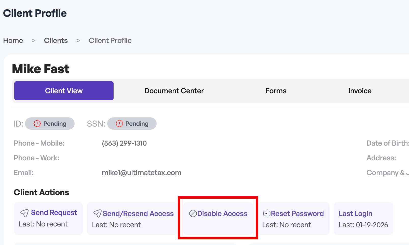 Disable Client Portal Access – ProClient